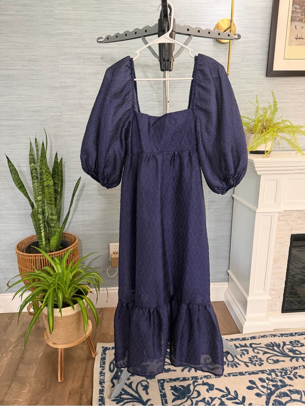 Anthropologie Navy Textured Maxi Dress with Puff Sleeves